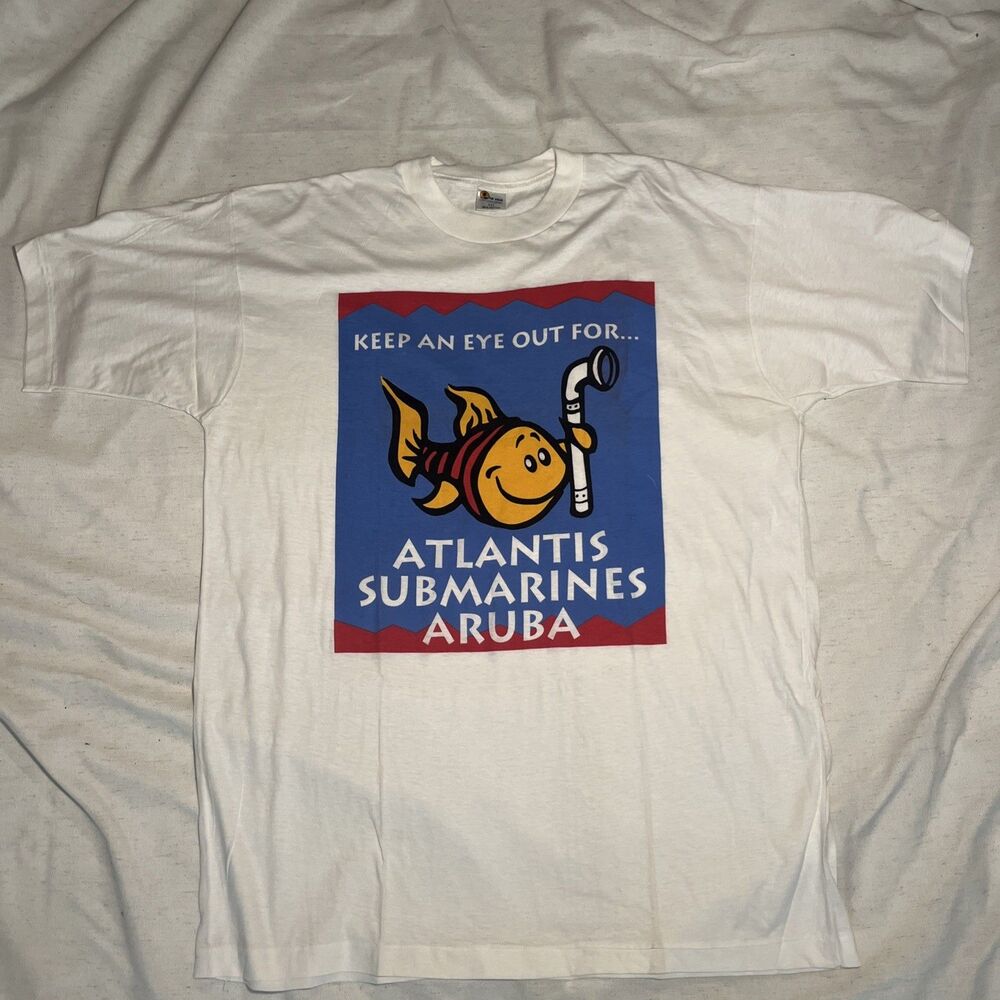 Vtg 90s Atlantis Submarines Aruba T Shirt XXL Single Stitch White Graphic Tee